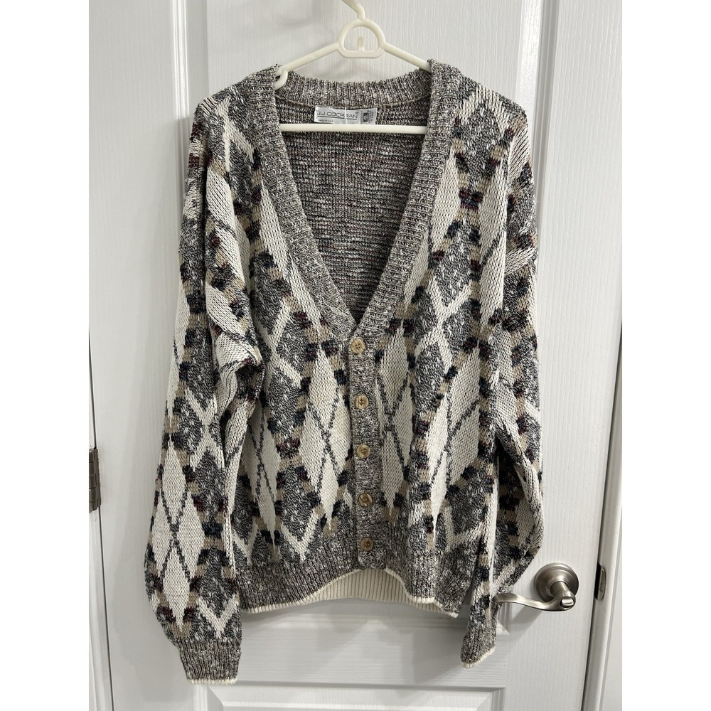 Vintage Cardigan JJ Cochran Sweater Retro Gray Cream Beige L Geometric